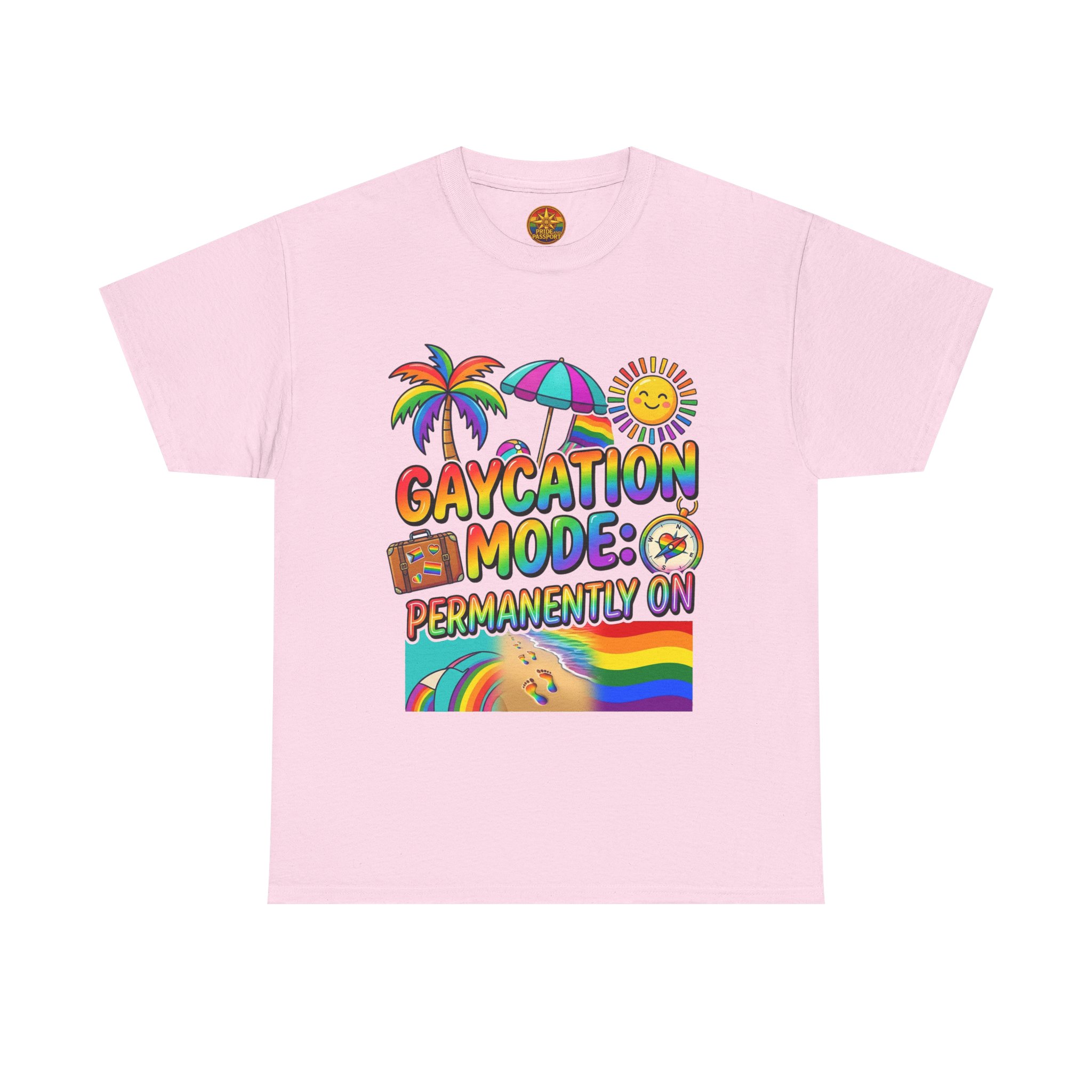 T-Shirt — "Gaycation Mode: Permanently On" Rainbow Vacation Pride Tee - Image 45
