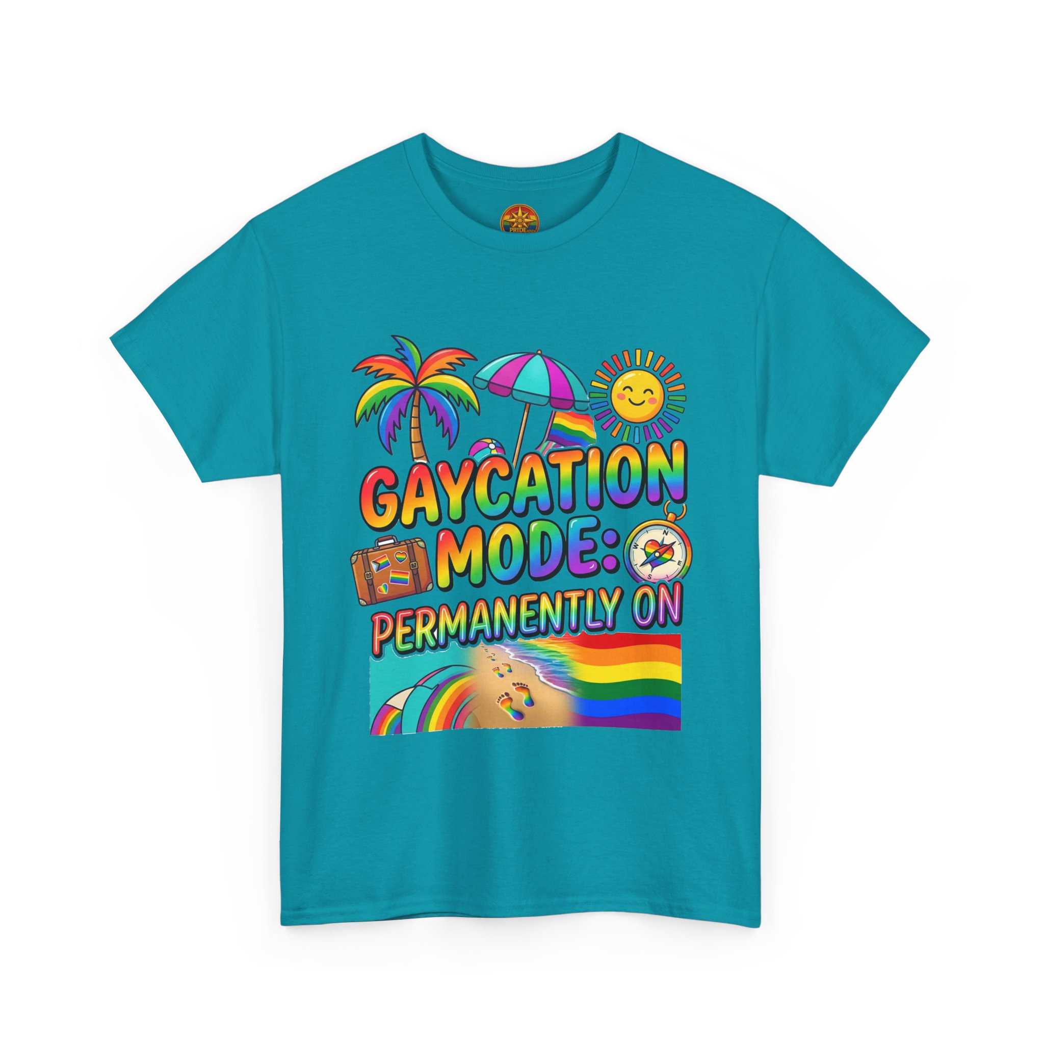 T-Shirt — "Gaycation Mode: Permanently On" Rainbow Vacation Pride Tee - Image 35