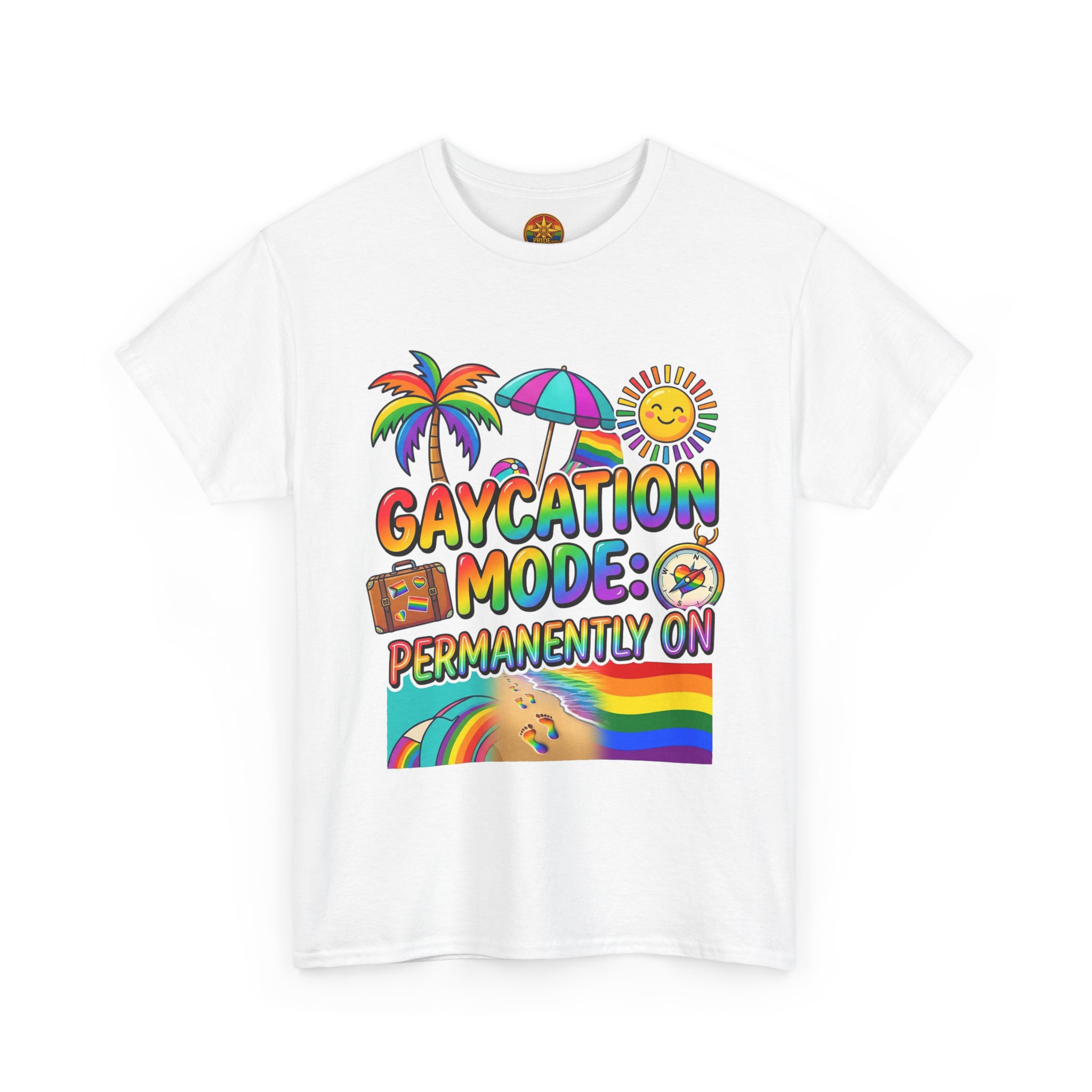 T-Shirt — "Gaycation Mode: Permanently On" Rainbow Vacation Pride Tee - Image 3