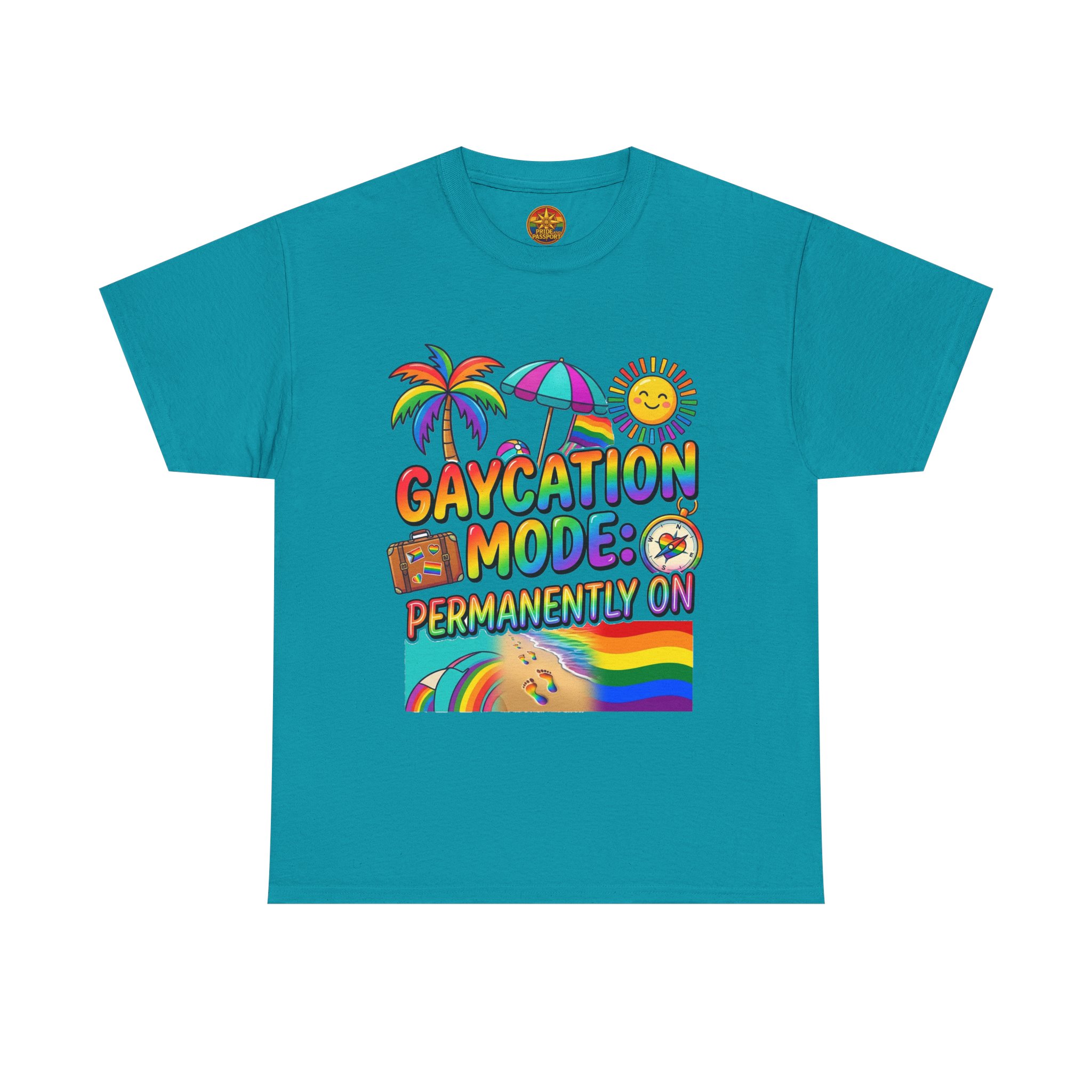 T-Shirt — "Gaycation Mode: Permanently On" Rainbow Vacation Pride Tee - Image 33