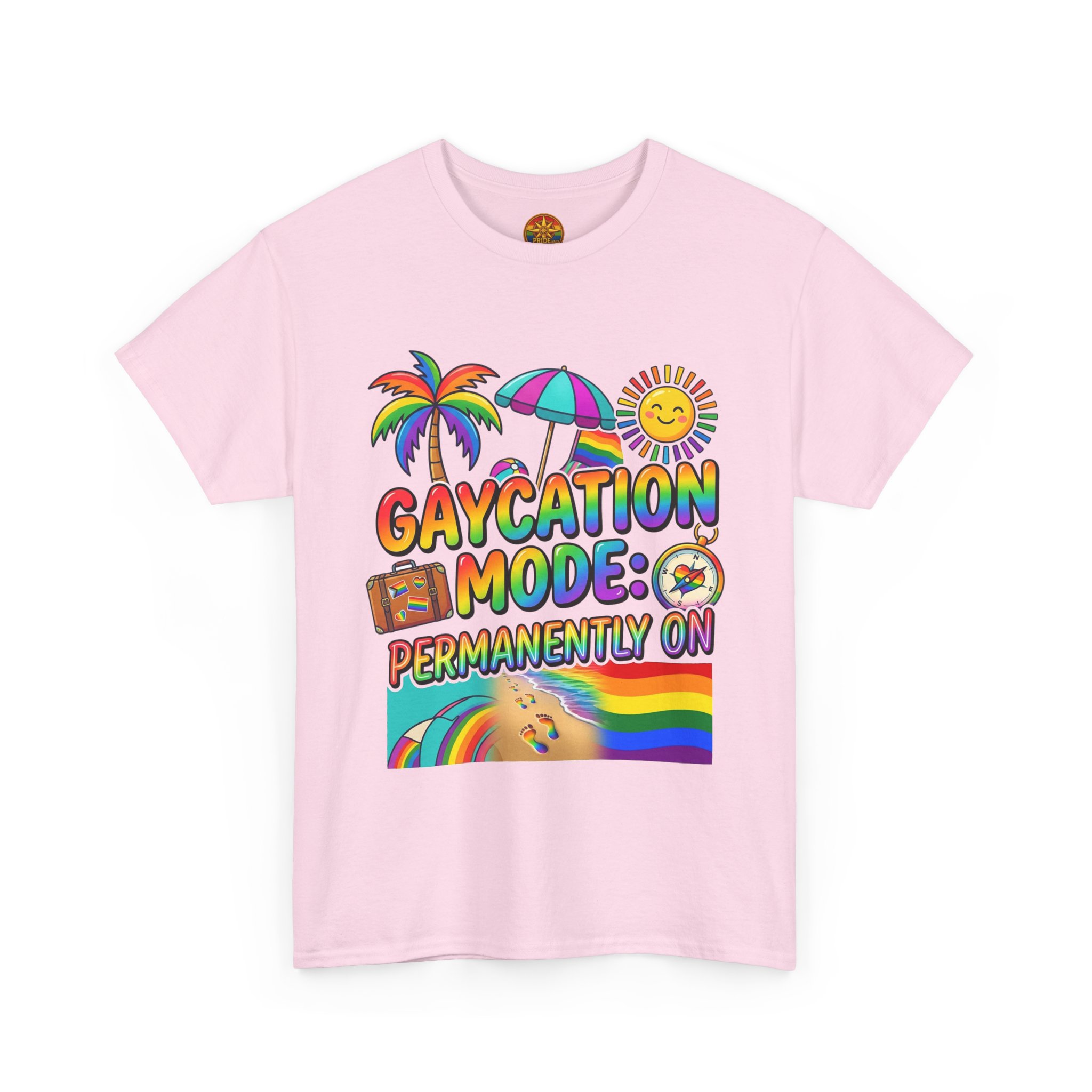 T-Shirt — "Gaycation Mode: Permanently On" Rainbow Vacation Pride Tee - Image 47